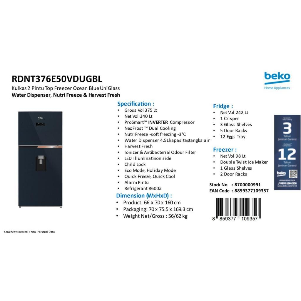 BEKO RDNT376E50VDUGBL KULKAS 2 PINTU(NEW) (KHUSUS BANDUNG)