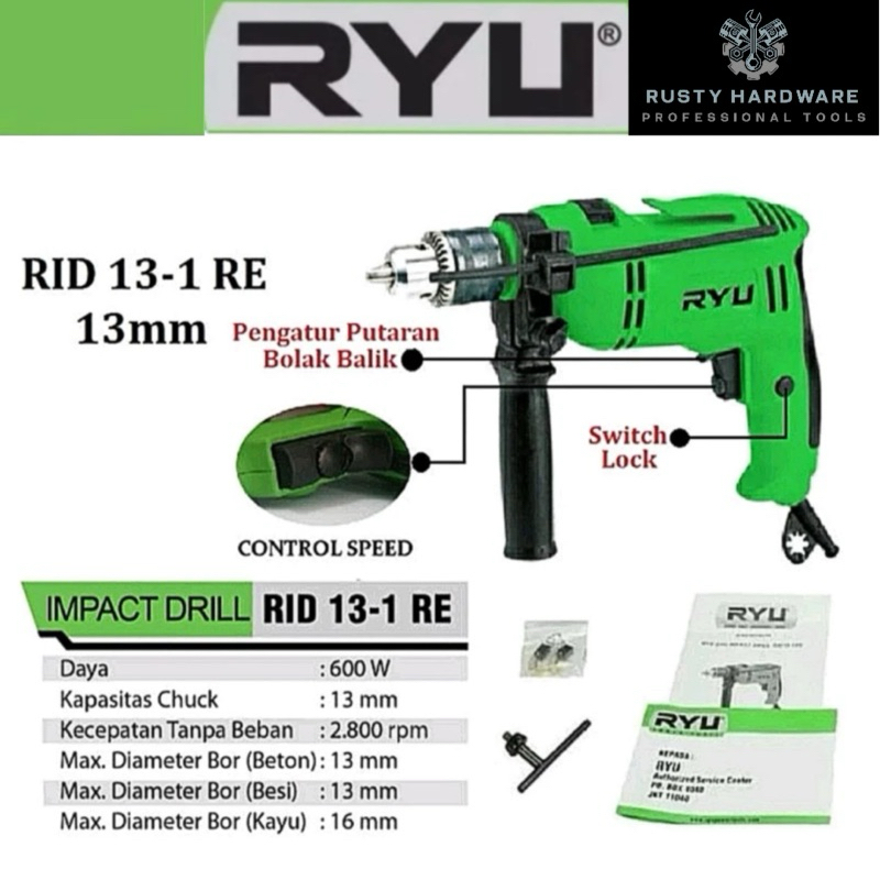 RYU BY TEKIRO – MESIN BOR LISTRIK 13mm IMPACT / BETON (TYPE RID 13-1RE). 100% ORIGINAL