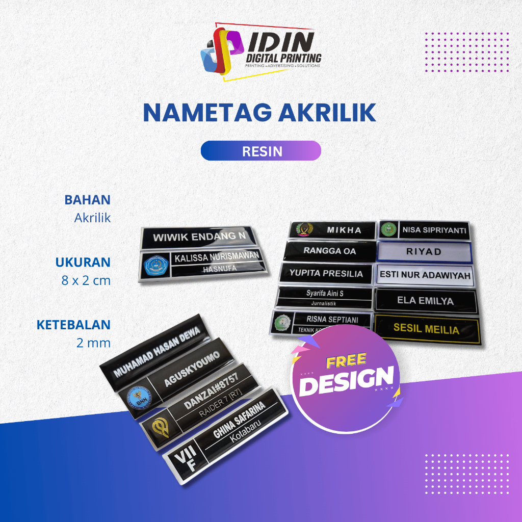 

Name Tag Nametag Nama Dada Papan Nama Dada Akrilik 2mm Resin - Percetakan Idin Digital Printing