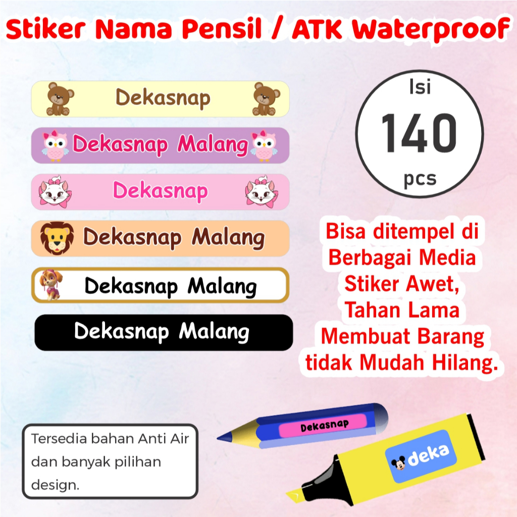 

Stiker Nama Pensil ATK Custom Isi 140 pcs | Stiker Label Tempat Pensil | Waterproof