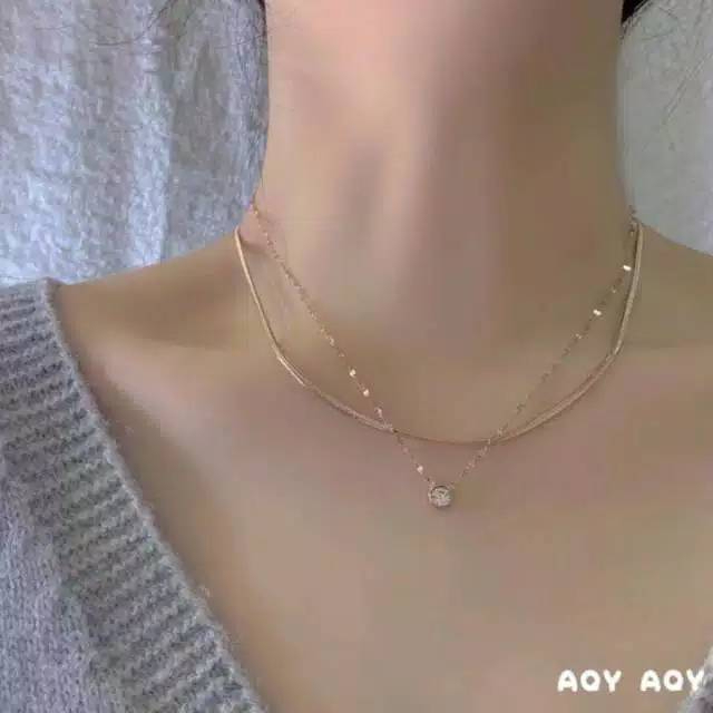 kalung titanium liontin 2layer mata zircon wanita bahan  rose gold anti karat dan tahan luntur fashi