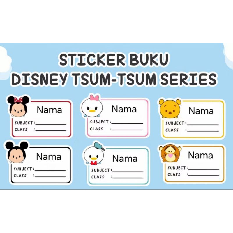 

PO 3 hari (Bentuk Kotak) Stiker Sticker Nama Anak untuk di tempel di buku tulis atau buku paket Pelajaran Gambar Tsum Tsum Mickey Mouse Minnie Donald Daisy Pooh Stitch Pluto Goofy Chip Dale