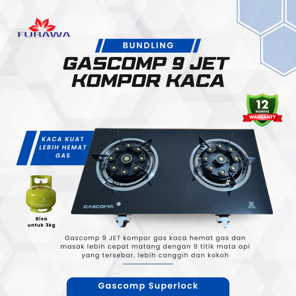 Kompor Gas Kaca Gascomp Burner 9 JET Kaca - Kompor Gas Kaca Burner Turbo 9 JET