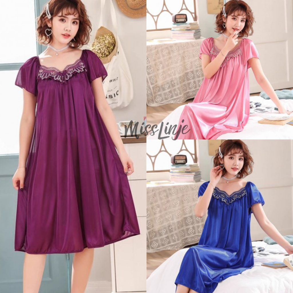 MissLinje Baju Tidur Wanita Daster Satin Silk Renda Bordir Dada Cantik Premium Muat Sampai Jumbo Siz