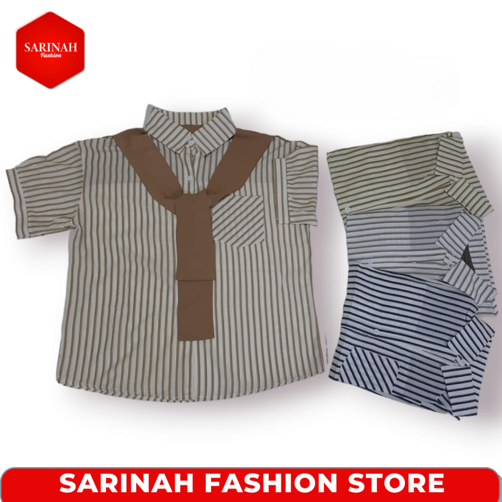 Blus Kemeja Lengan Pendek/Panjang Atasan Wanita Motif Salur