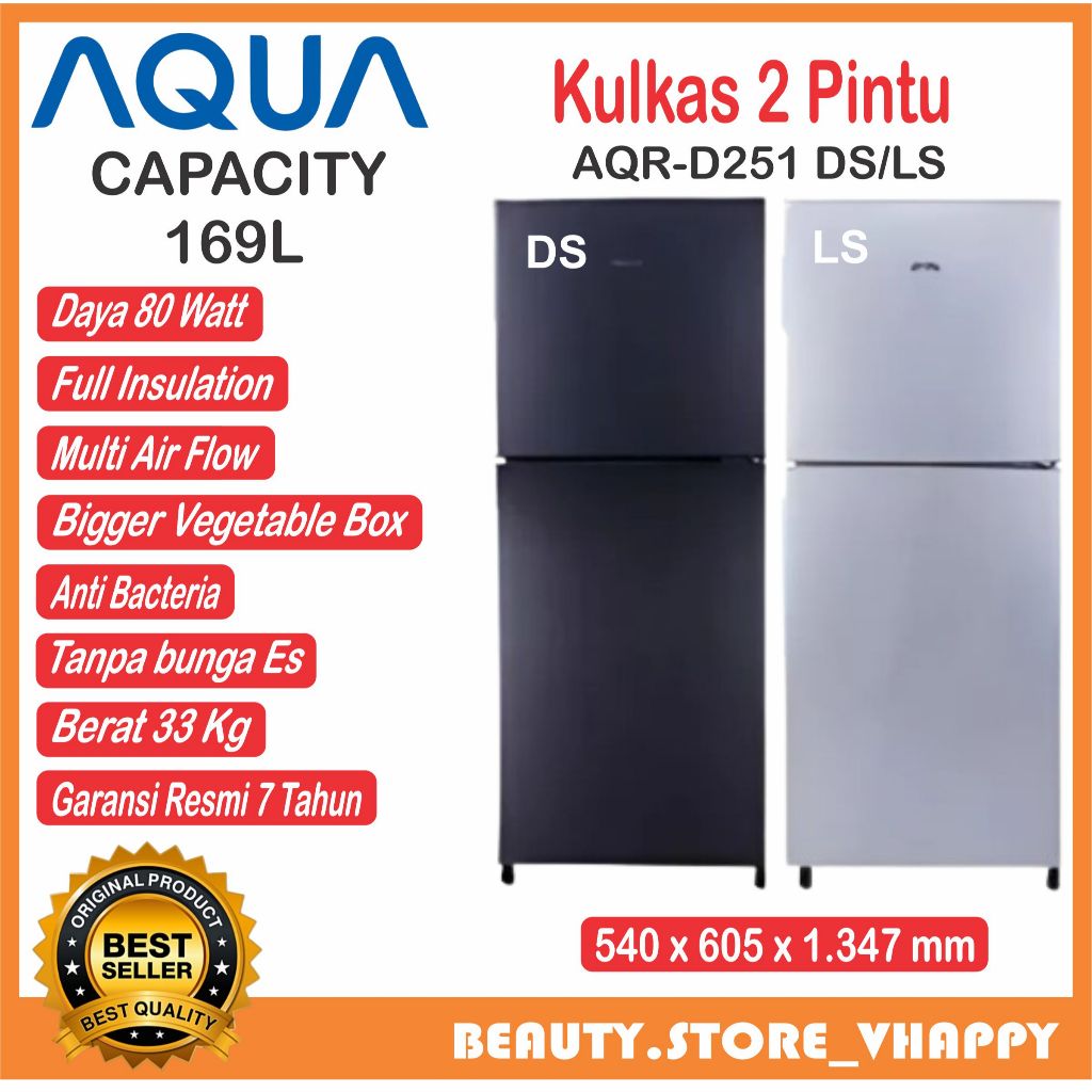 KULKAS AQUA 2 PINTU TANPA BUNGA ES AQR 251 DG/SG/DS GARANSI RESMI KULKAS 2 PINTU MURAH