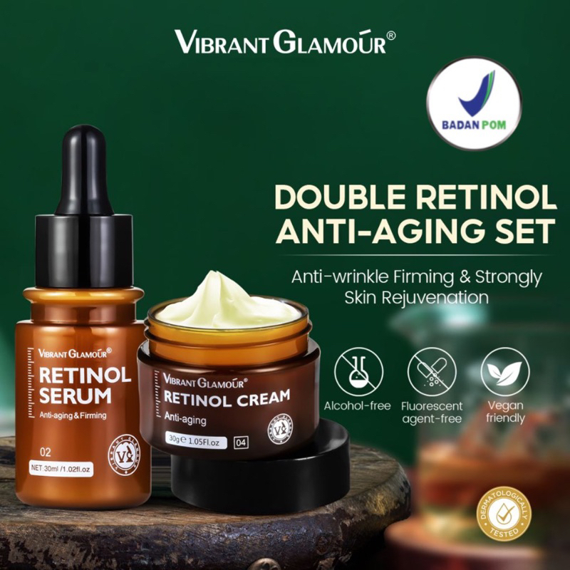 VIBRANT GLAMOUR Retinol Cream + Retinol Serum Anti Aging Set Pelembab Pemutih Wajah