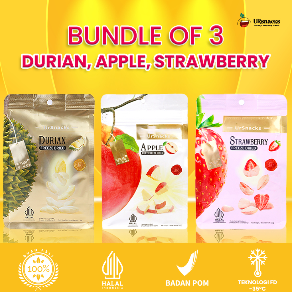 

URSNACKS Bundle Of 3 - Freeze Dried Keripik Sehat Durian + Strawberry + Apple