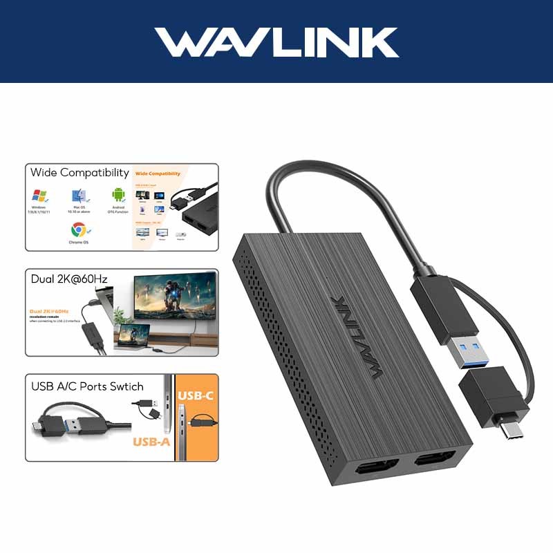 WAVLINK USB ke HDMI Adapter MAX 2K@60Hz 1 in 2 Out HDMI Splitter USB A USB C Display Extender HDMI