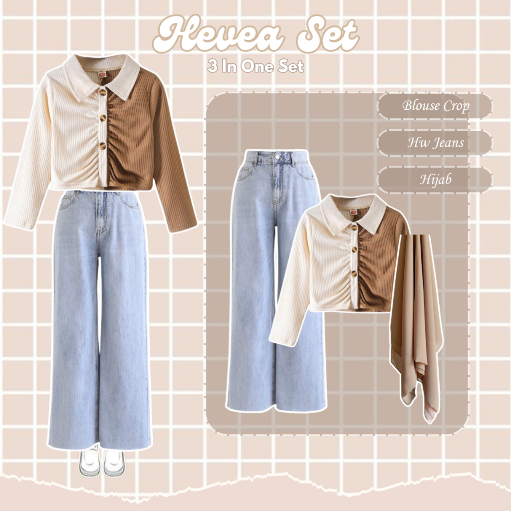 Styl Hevea Set | Outfit Set ( Cardigan Crop + Celana + Hijab ) | Outfit Hijab Set OOTD Korean Style