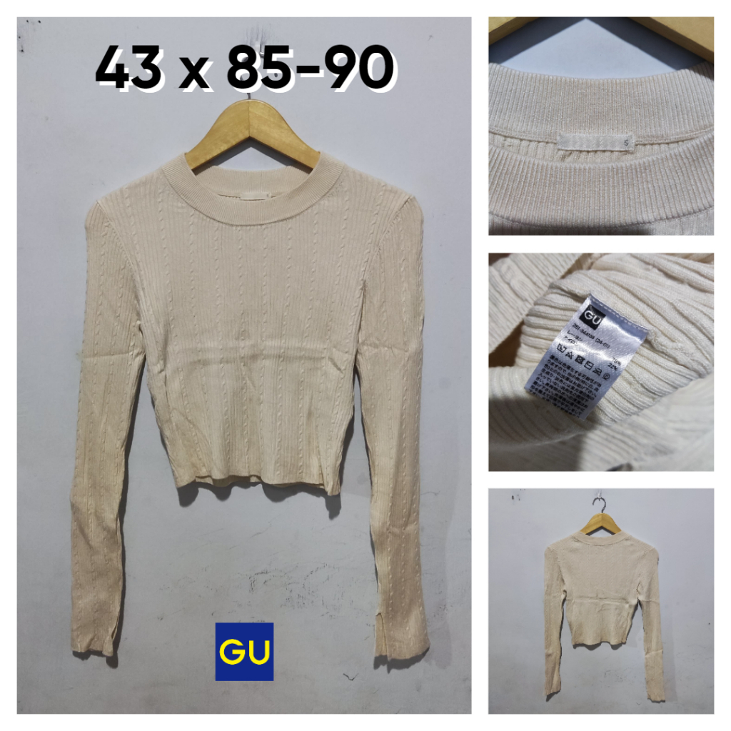 Sweater Crop GU by Uniqlo Putih Ivory Size S Wanita Knit Kepang Cewek BC784