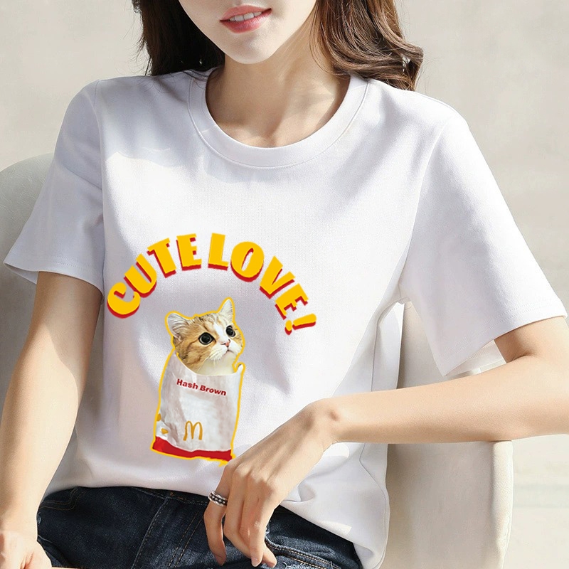 Pola kucing Cantik baju kaos atasan baju atasan wanita terbaru Leher bulat Nyaman DY201