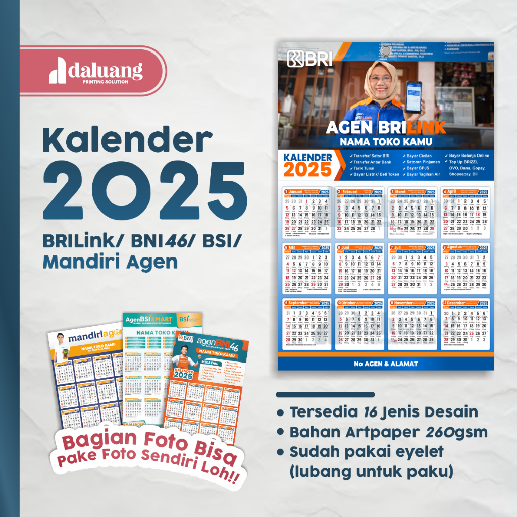 

Kalender A3+ Agen Bank BRI BRILINK BNI MANDIRI BSI SMART Custom Desain Suka Suka Foto Konter Nama