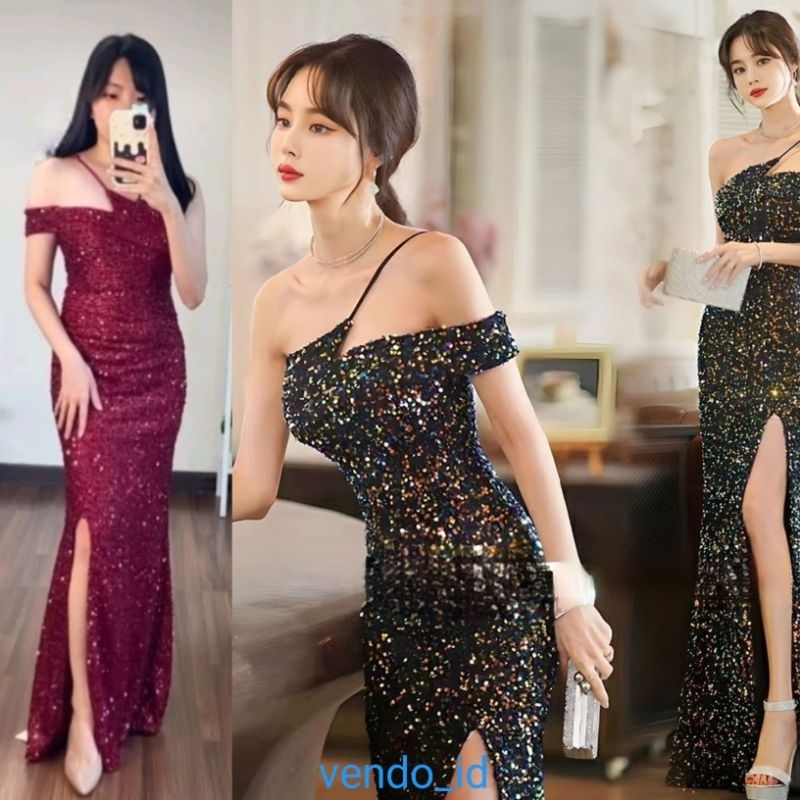 slit dress sequin manik glitter blink mewah meriah sabrina sexy goen gaun panjang long dress elegant