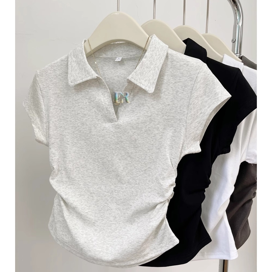 Atasan Crop Top Polos Lengan Pendek Kerah V-neck Untuk Wanita Remaja Dewasa Bahan Cotton 40S Model S