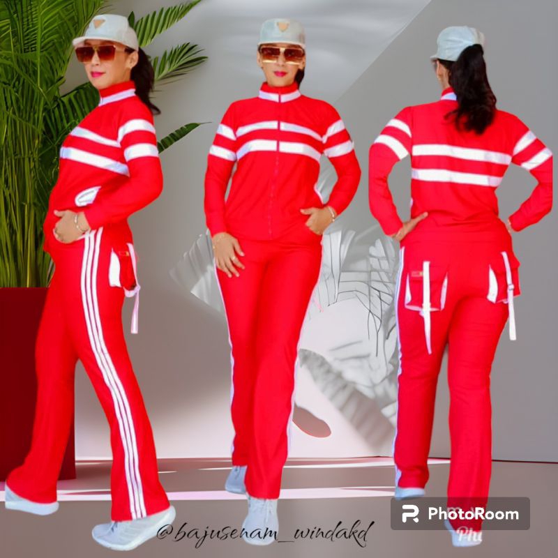 Setelan Baju Senam Merah Putih Strip Dada II/Setelan Baju Senam Muslim Merah Putih