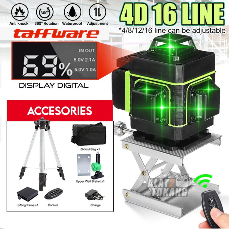 Hilda Laser Level 16 Lines Mesin Self Leveling Laser Sinar Hijau dengan Remot Laser Siku Waterpass