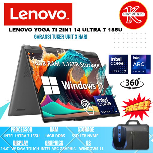 Laptop Touchscreen Lenovo Yoga 7i Intel Ultra 7 155U Ram 16GB Ssd 1 Tb Grey Laptop Baru 2024