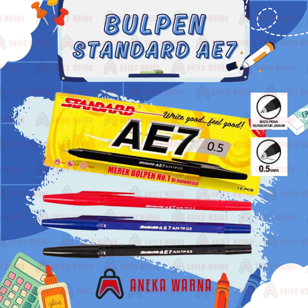 

PULPEN/PEN/BALLPOINT | STANDARD AE7 | WARNA HITAM BIRU MERAH (PACK)
