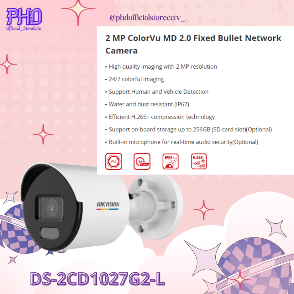 IP Cam DS-2CD1027G2-L Hikvision 2 MP ColorVu MD 2.0 Fixed Bullet Network Camera