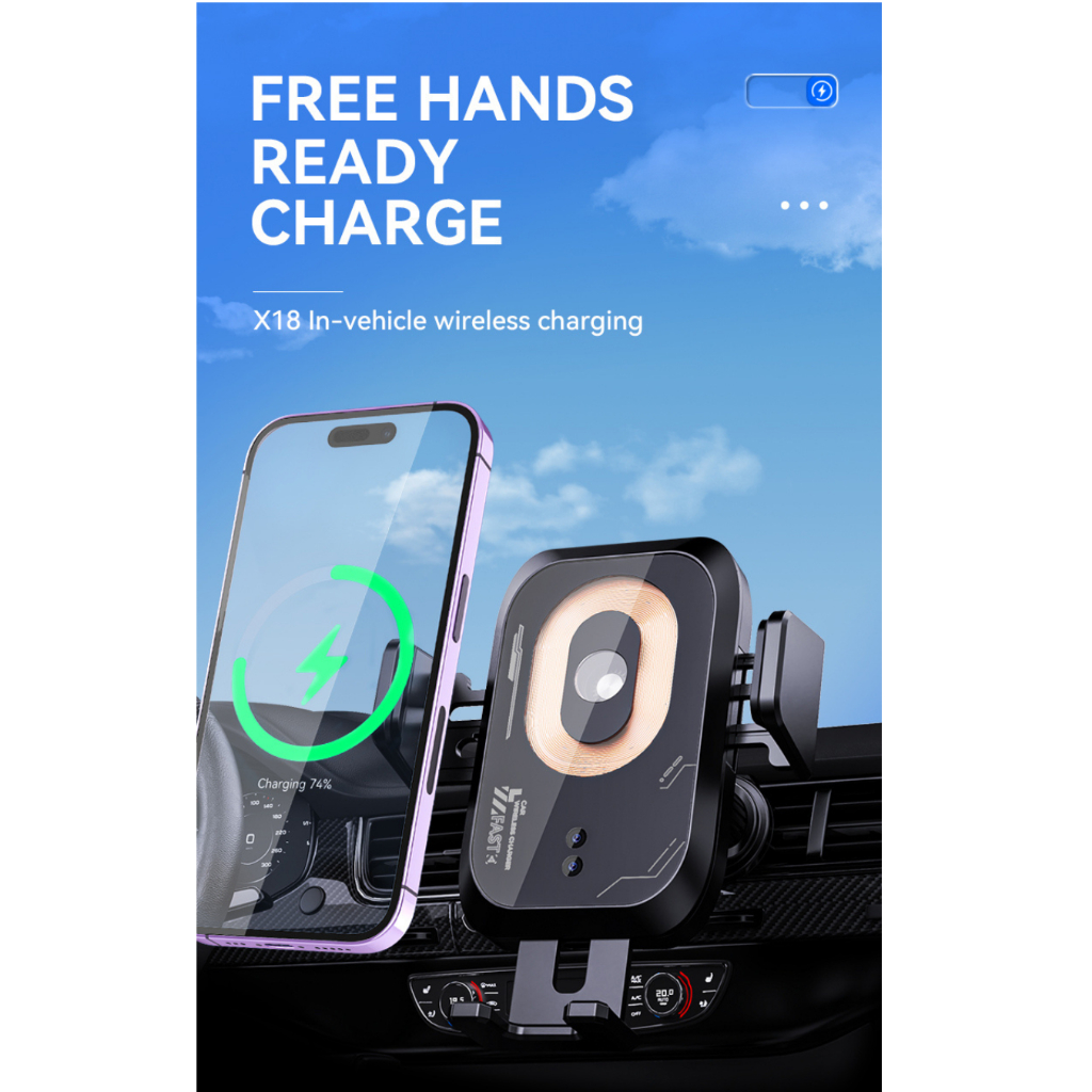 Holder HP Mobil Wireless Charging 15W Fast Charge Phone Holder Wireless Charger Mobil Jepit Otomatis