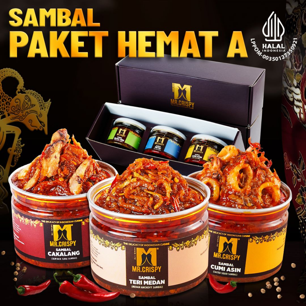 

SAMBEL Mr. Crispy Extra Pedas Paket 3 Pcs - Sambal Cakalang/Teri Medan/Cumi Asin 120gr