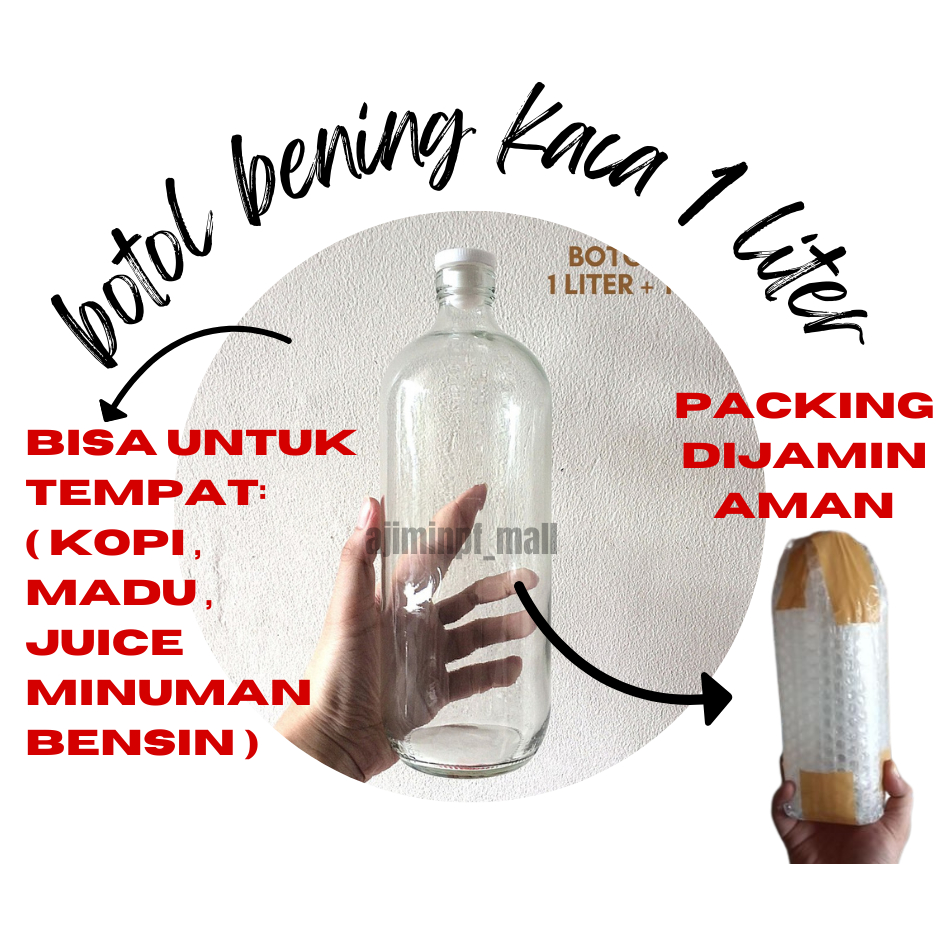 BOTOL BENING KACA 1 LITER LENGKAP DENGAN TUTUP PLUG PUTIH