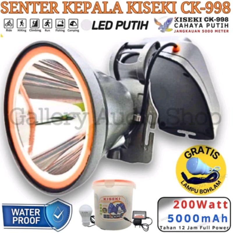 Senter Kepala Super Terang Kiseki 200 Watt CK-998 Jumbo King Bonus Bohlam LED Senter Kepala Cas