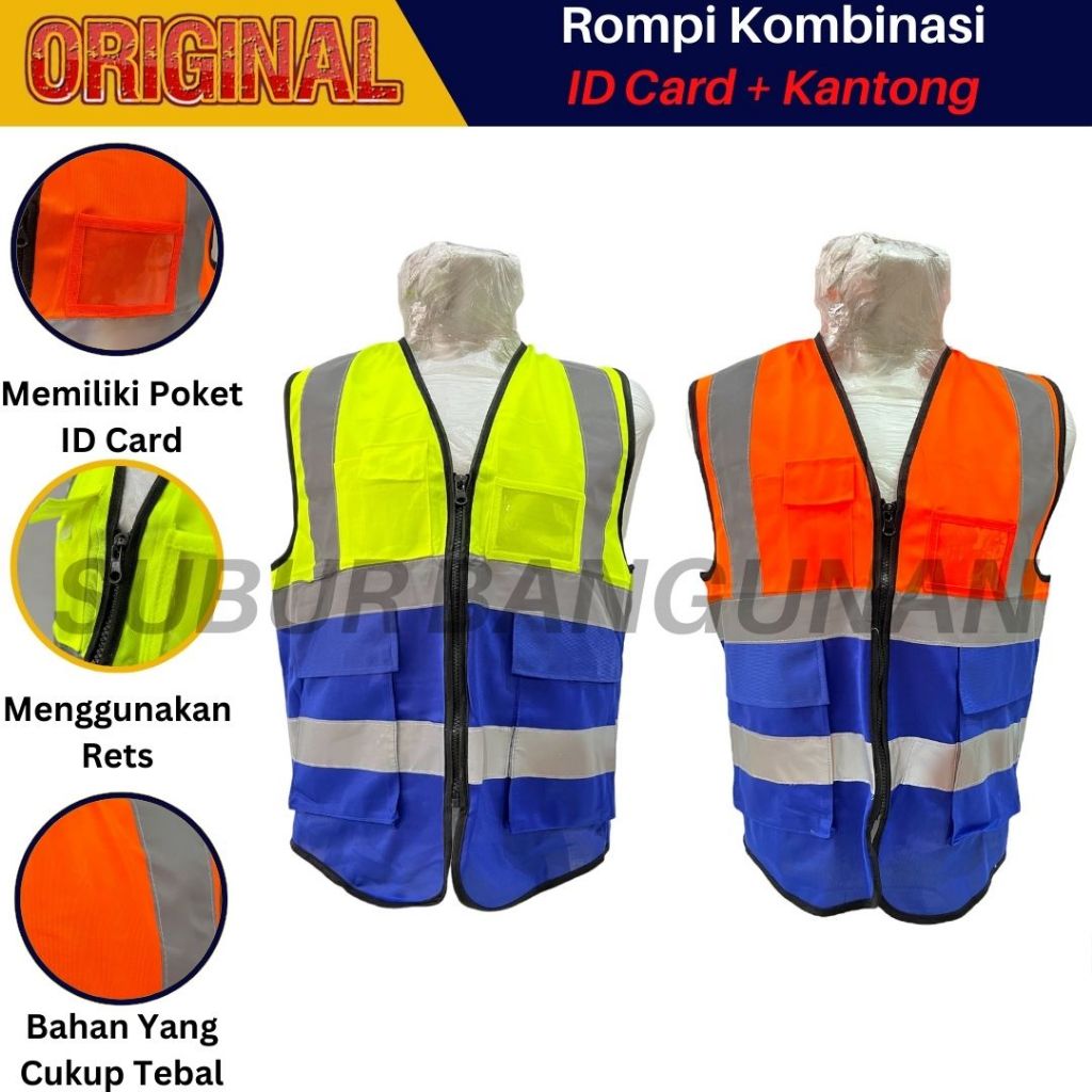 Rompi Safety Proyek Kombinasi ID Holder 3 Saku / Rompi reflektif + Kantong Id Card (Name tag)