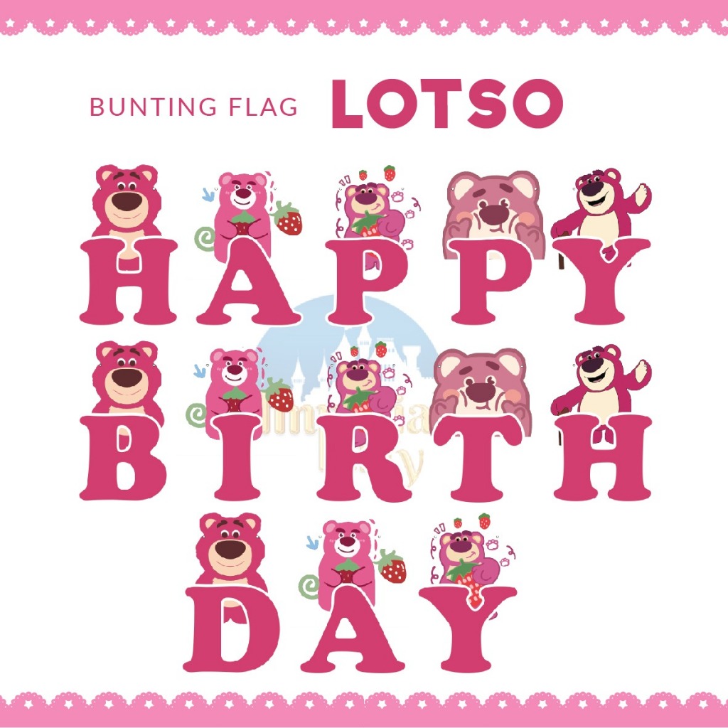Banner Bunting Flag Happy Birthday HBD Lotso Bear Beruang Pink