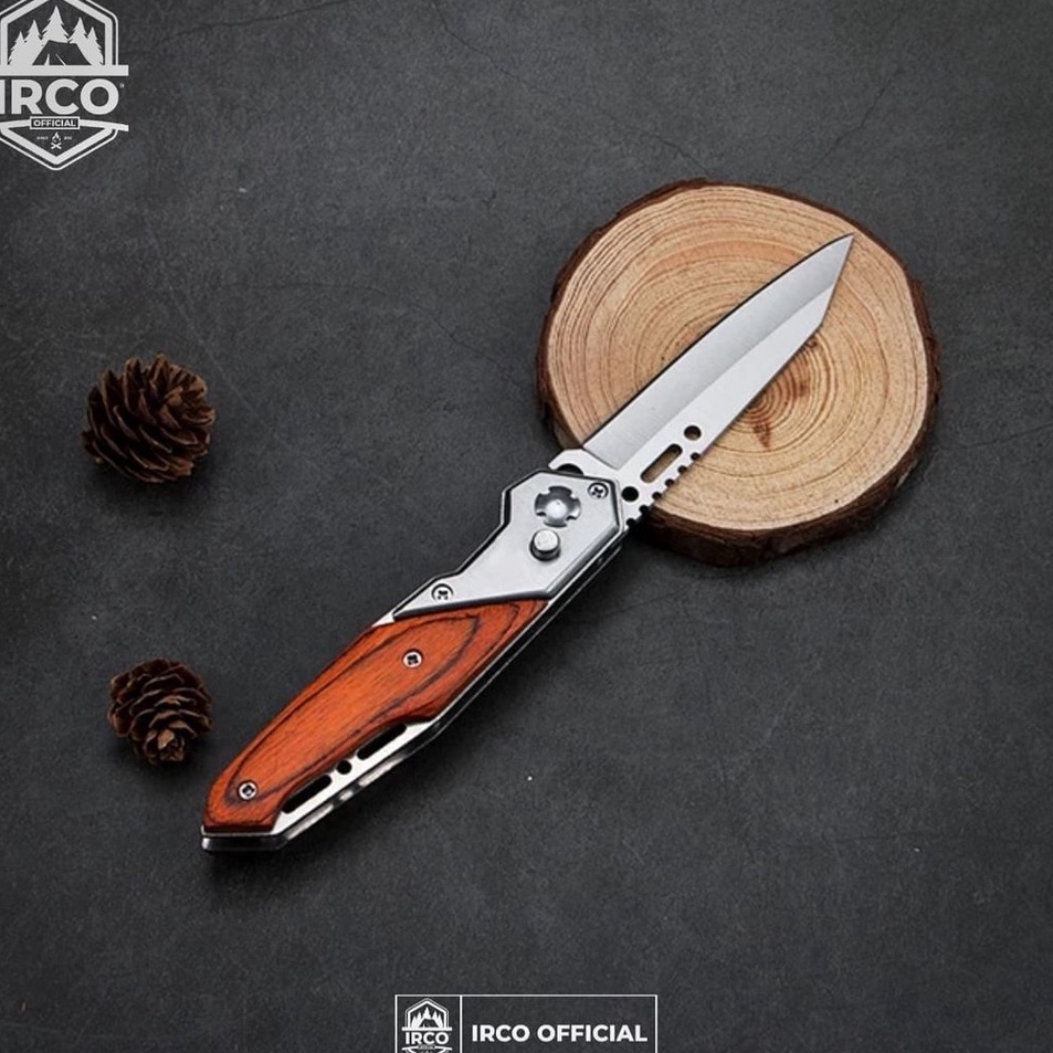 Hadir Meriah  Ircoofficial pisau lipat stainless steel multifungsi dengan gagang kayu include pouch 