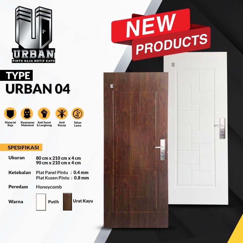 Pintu Utama/Kamar Baja Fortress JBS 90X210 Type URBAN - White & Wood Series Lengkap Dengan Kusen +