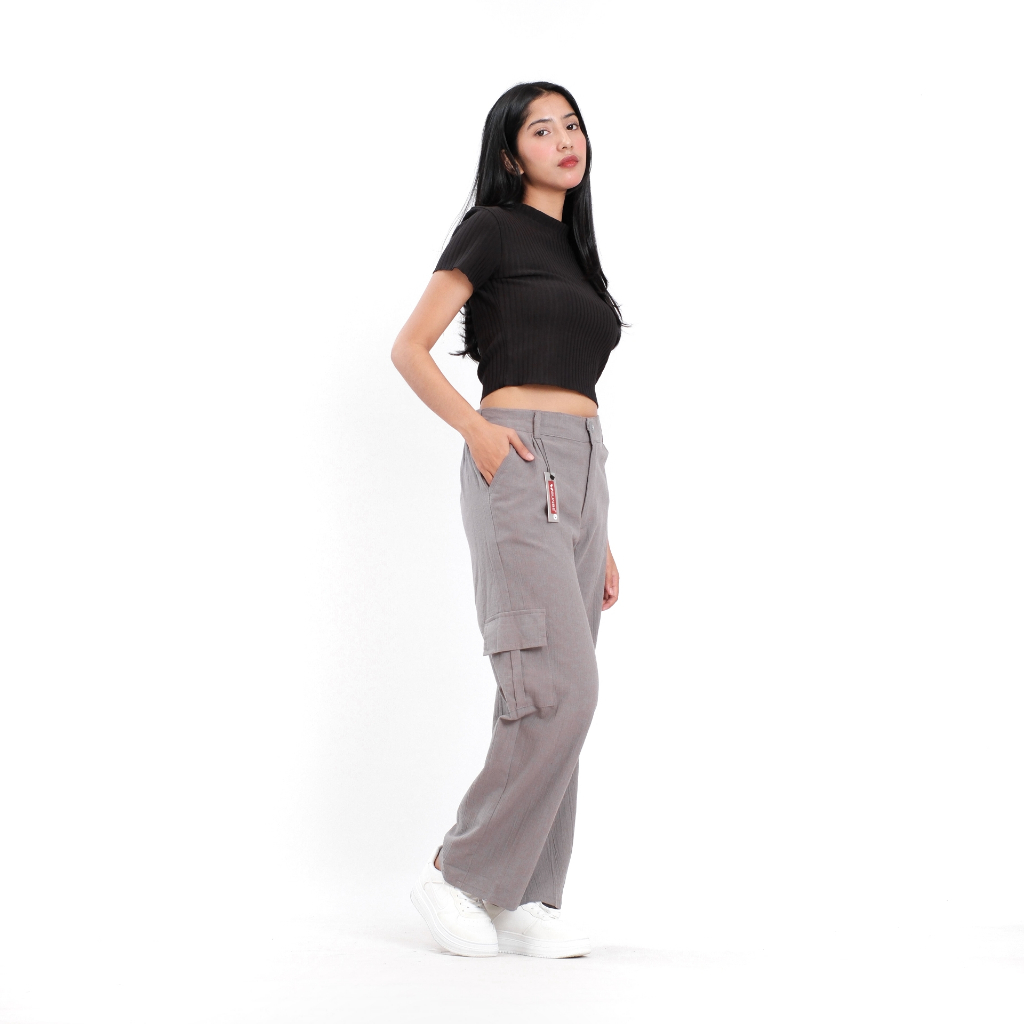 Celana Panjang Kargo Wanita Highwaist Kain Katun Linen Gray