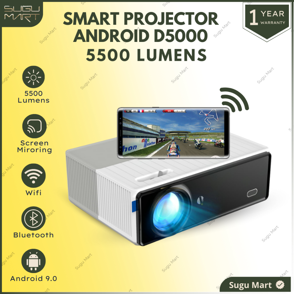 Proyektor Android | Smart Proyektor D5000 5500 Lumens Mirroring | Proyektor Android Wifi | Proyektor