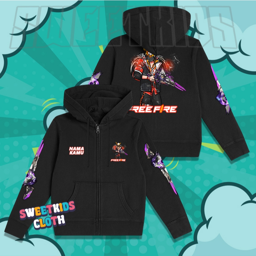 Hoodie Zipper Anak FF Free Fire SG 2 Juta M1887 / Jaket Anak Free Fire M1887 SG 2 Juta FF Gratis Nam
