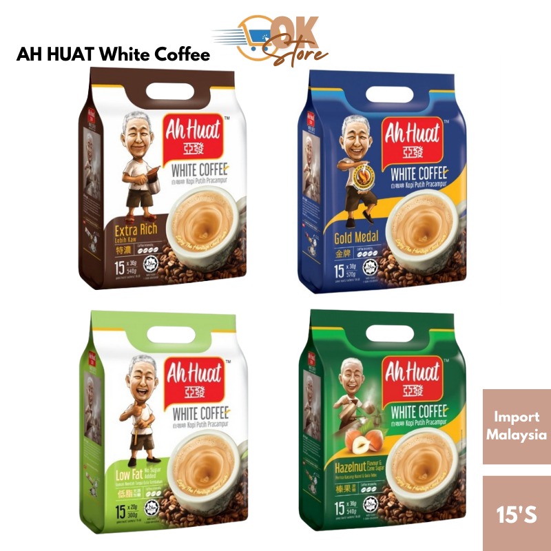 

Ah Huat White Coffee, Ahuat Kopi Putih Pracampur : Extra Rich, Low Fat, Gold Medal, Hazelnut, Isi 15'Sachet (Produk Import Malaysia)