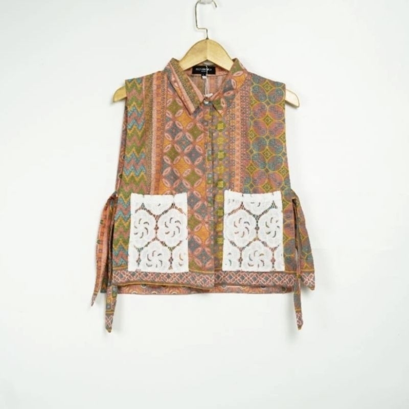 PL Never Worn Modern Baju Batik Vest Motif Kawung Warna Orange Ungu Wanita Blouse Ikat Tali Brokat P