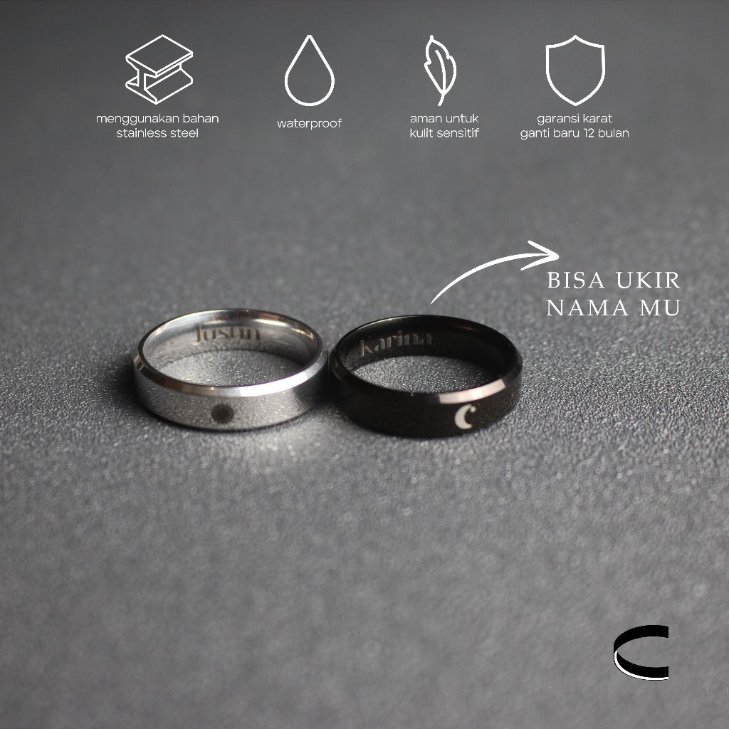 Cincin Sun And Moon Couple Stainless Ring Titanium Cosette Anti Karat Pria Wanita Unisex Hitam Putih
