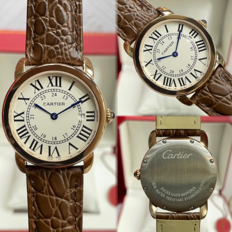 JAM TANGAN PRIA CARTIER RONDE LOUIS CASE ROSE LEATHER DIAMETER 36mm JAPAN QUARTZ #cartier