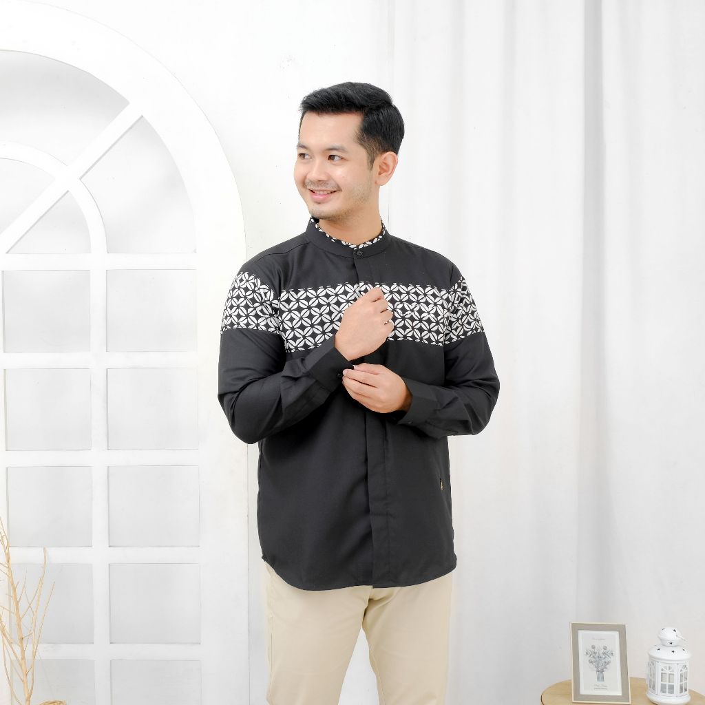 Mufatih Kemeja Koko Batik Couple Kemko Bahir Ayah Anak Warna Hitam