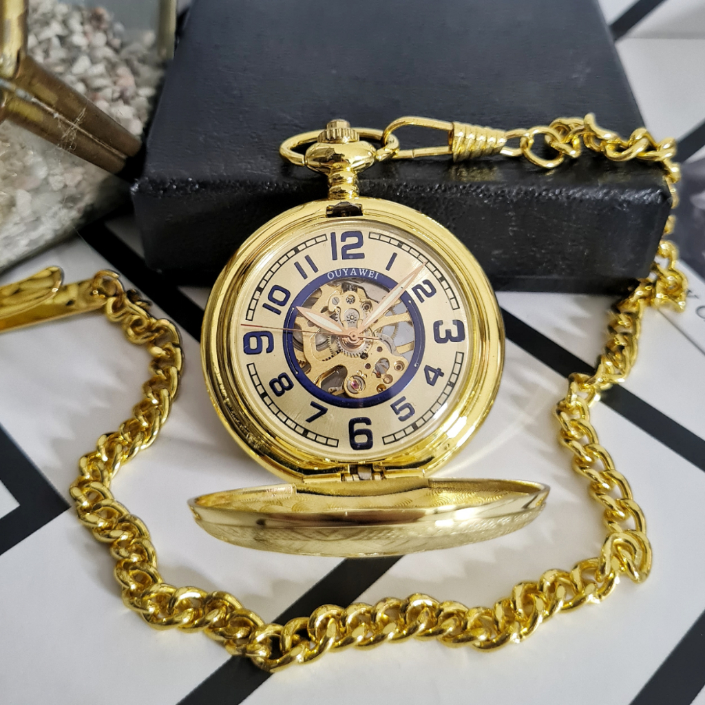 POCKET WATCH Oscar Jam Kantong Saku Automatic Otomatis Mechanical Mekanik Half Hunter Gold Skeleton 