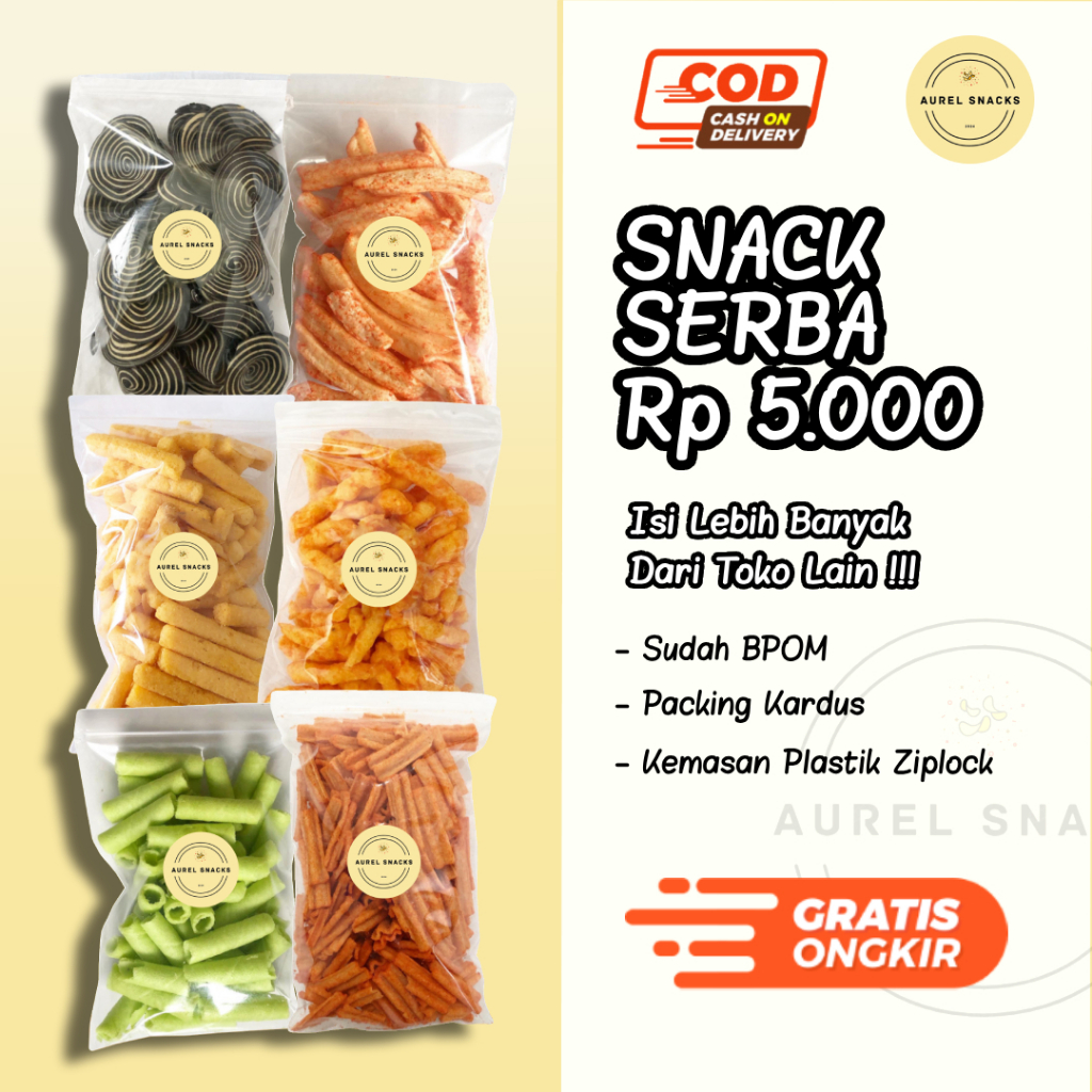 

[ AUREL SNACKS ] Snack Serba 5.000 / Cemilan Makanan Ringan 5 ribu / Snack Jadul / Snack Grosir Kiloan Banyak Pilihan Rasa