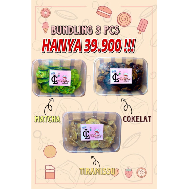 

BUNDLING 3 pcs Keripik Pisang Mix ( Matcha ,Cokelat,Tiramissu )