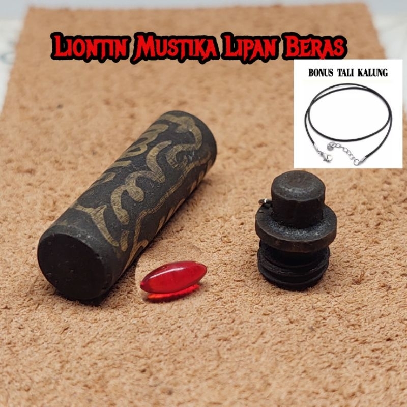 Kalung liontin batu mus tika merah delima bentuk tabung rajahan kuningan bonus tali kalung