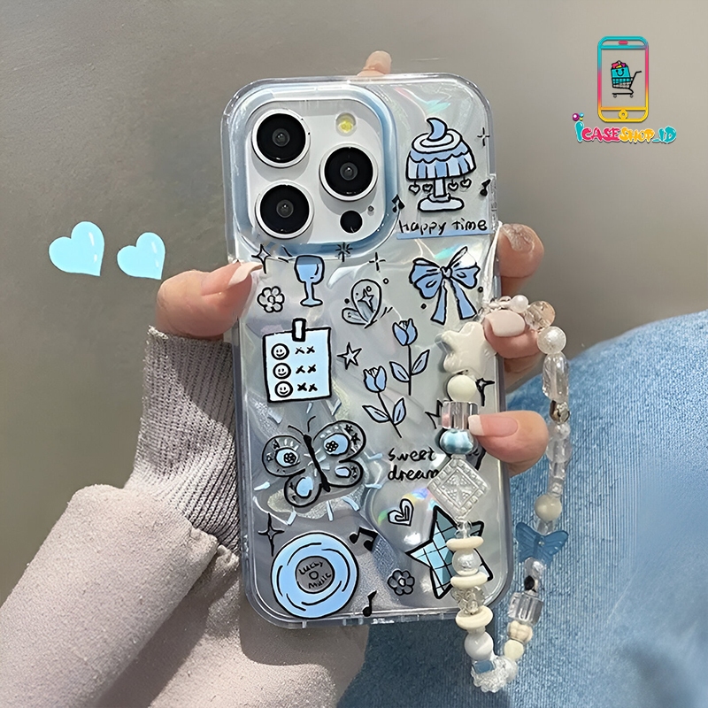 SS913 CASE SILIKON MOTIF CUTE BLUE STRAP GANTUNGAN MANIK MANIK UNTUK REALME 5 5i 6 7 8 9 9i 10 11 13