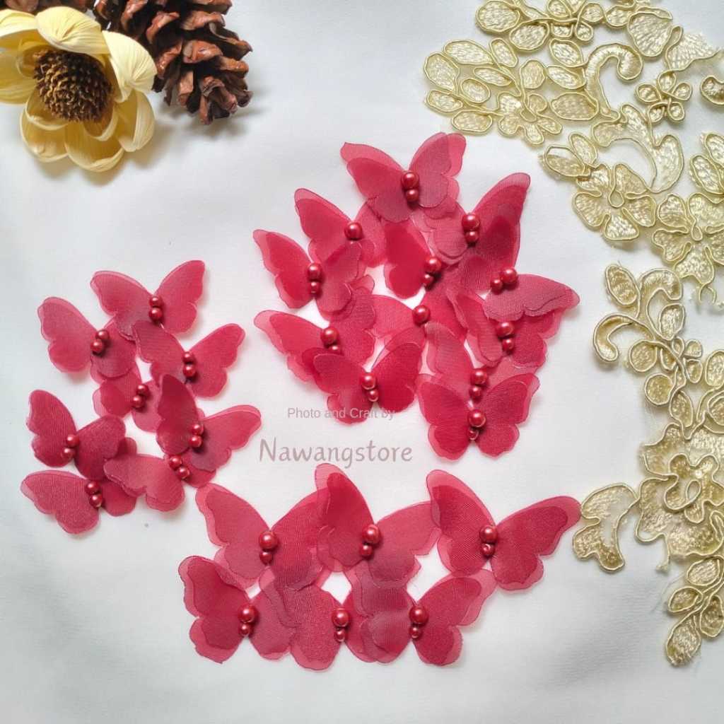 (isi 1 lusin) Aplikasi kupu kupu organza /kebaya /payet /gaun pengantin /gamis /hijab /flowercrown /