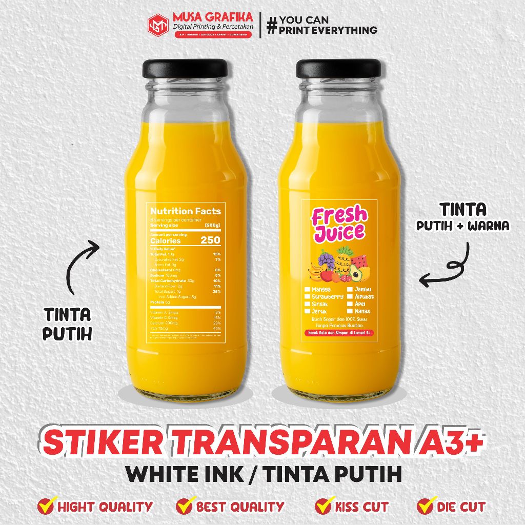

Stiker Transparan A3+ dengan TINTA PUTIH | Label Makanan White Ink