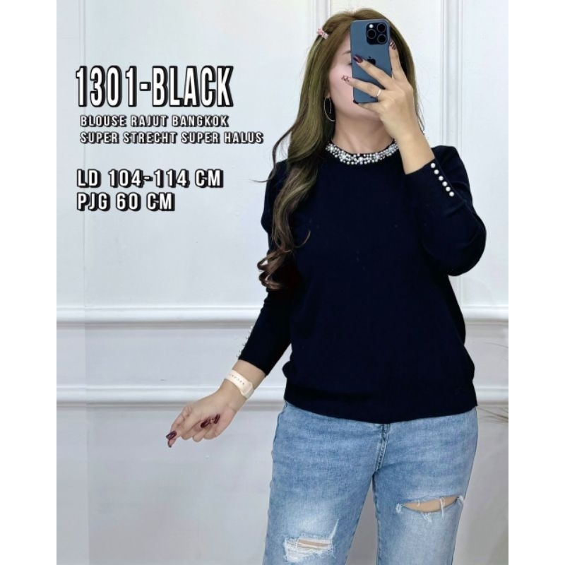 EF 1301 BLOUSE LWNGAN PANJANG NECK MOTEK BAHAN RAJUT IMPORT