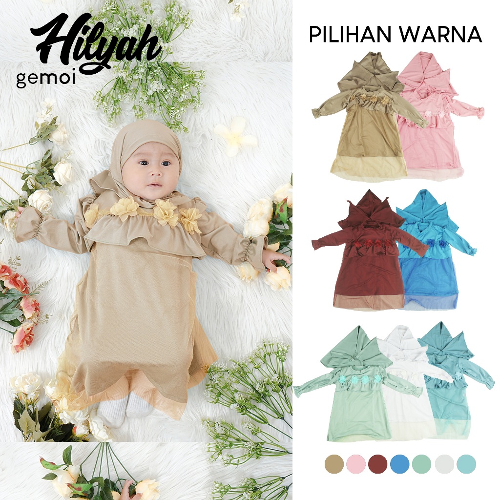 Gemoi - Hilyah Setelan Gamis anak 2025 Usia 0 - 24 Bulan kekinian newborn set hijab