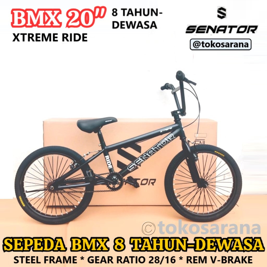 Senator Xtreme Ride Sepeda BMX 20 Inci Rem V-Brake Rangka Steel Gear Ratio 28/16 Anak 8 Tahun Dewasa